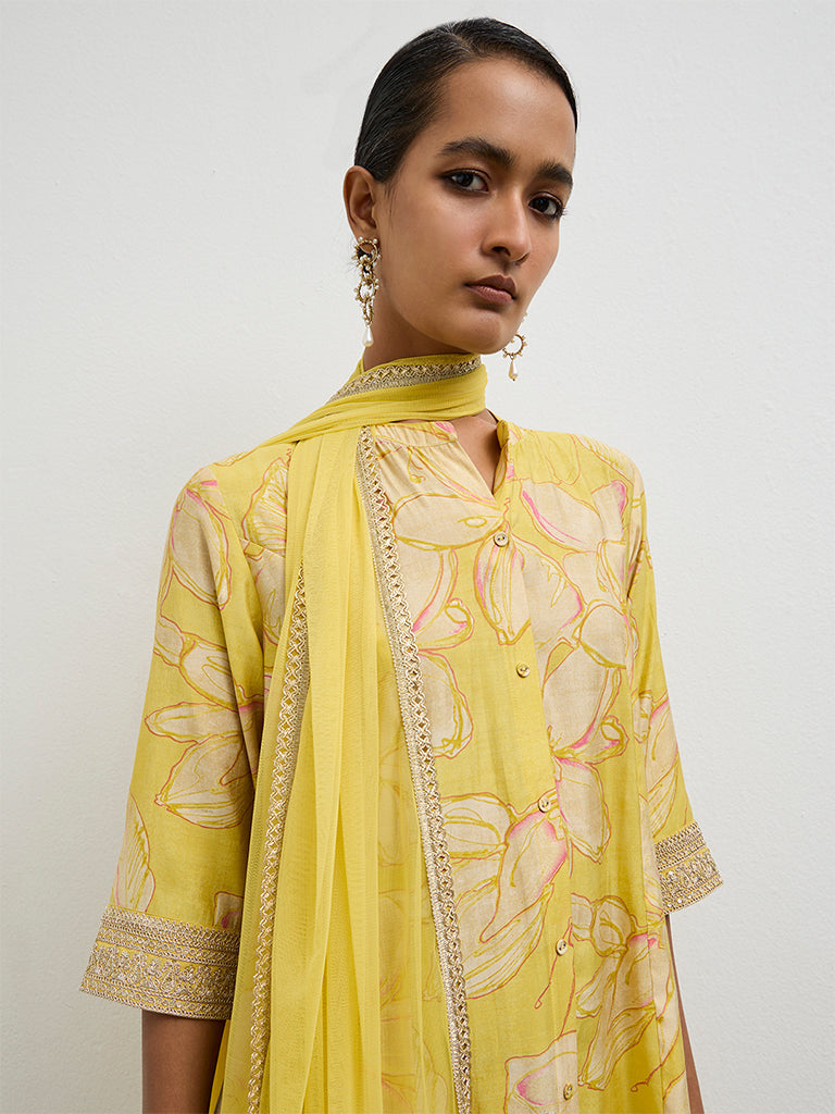 Vark Yellow Floral Pattern A-Line Ethnic Set