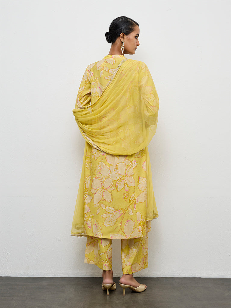 Vark Yellow Floral Pattern A-Line Ethnic Set