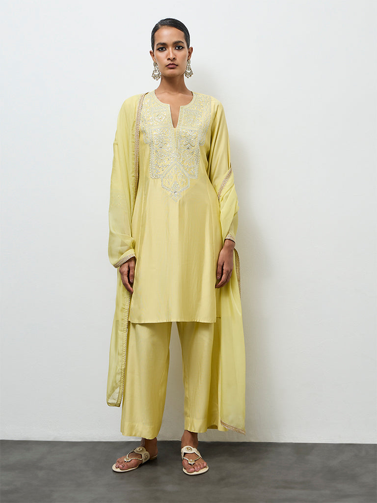 Vark Yellow Embroidered A-Line Ethnic Set