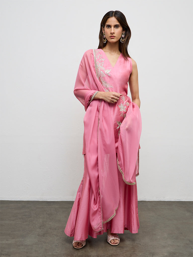 Vark Pink Floral Embroidered A-Line Ethnic Set