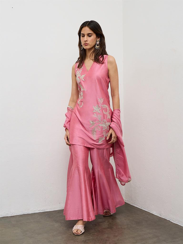 Vark Pink Floral Embroidered A-Line Ethnic Set