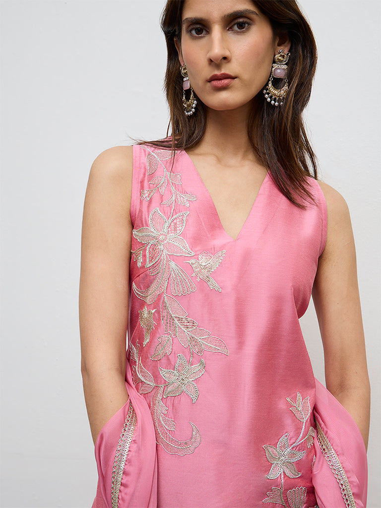 Vark Pink Floral Embroidered A-Line Ethnic Set