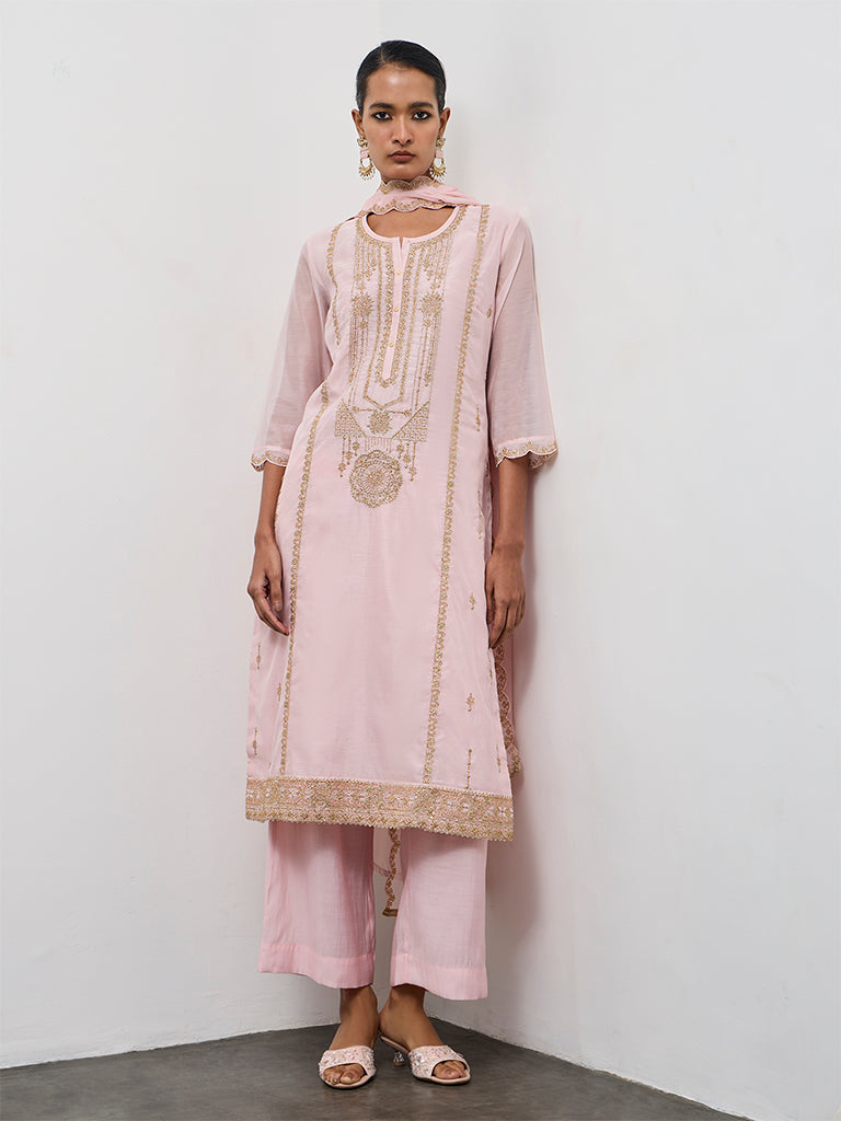 Vark Light Pink Embroidered A-Line Ethnic Set