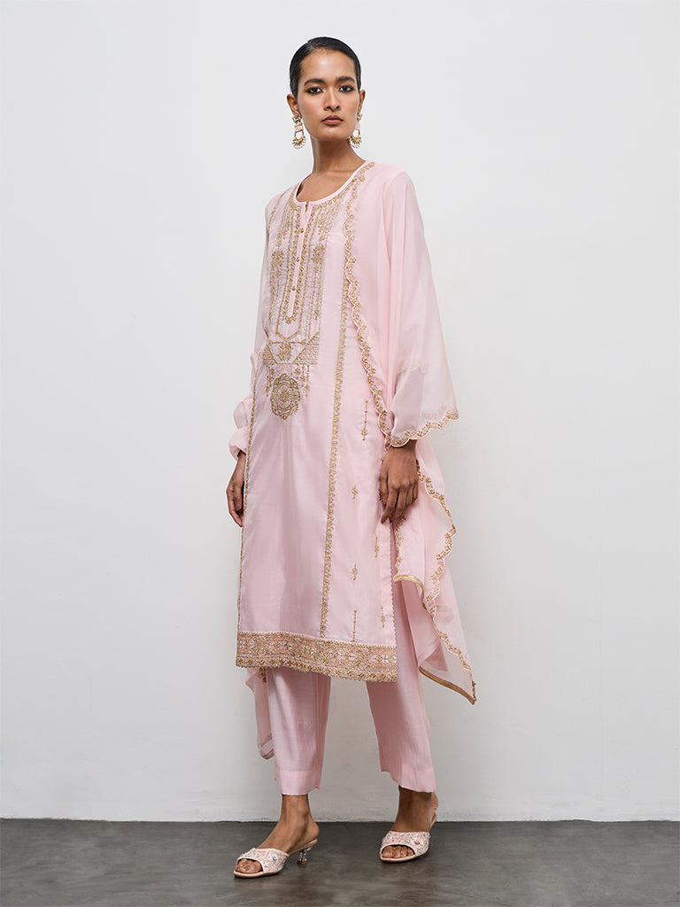 Vark Light Pink Embroidered A-Line Ethnic Set