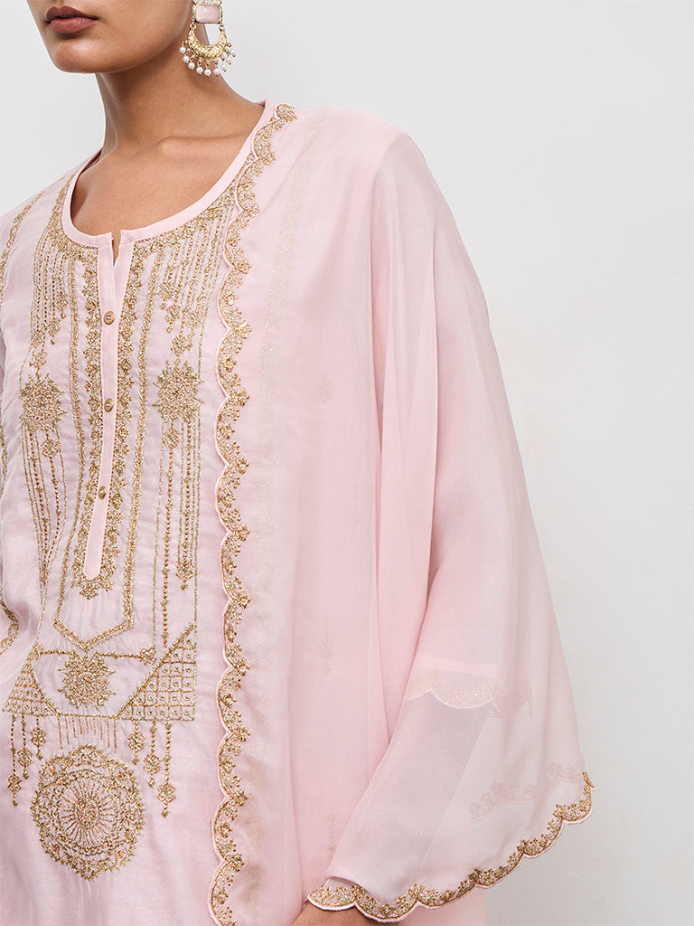 Vark Light Pink Embroidered A-Line Ethnic Set