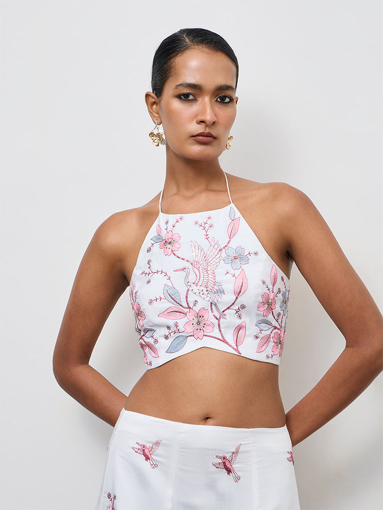Vark White Floral Embroidered Blouse