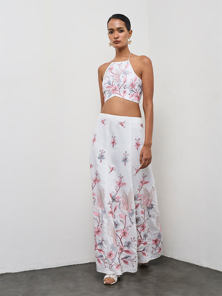 Vark White Floral Embroidered Blouse