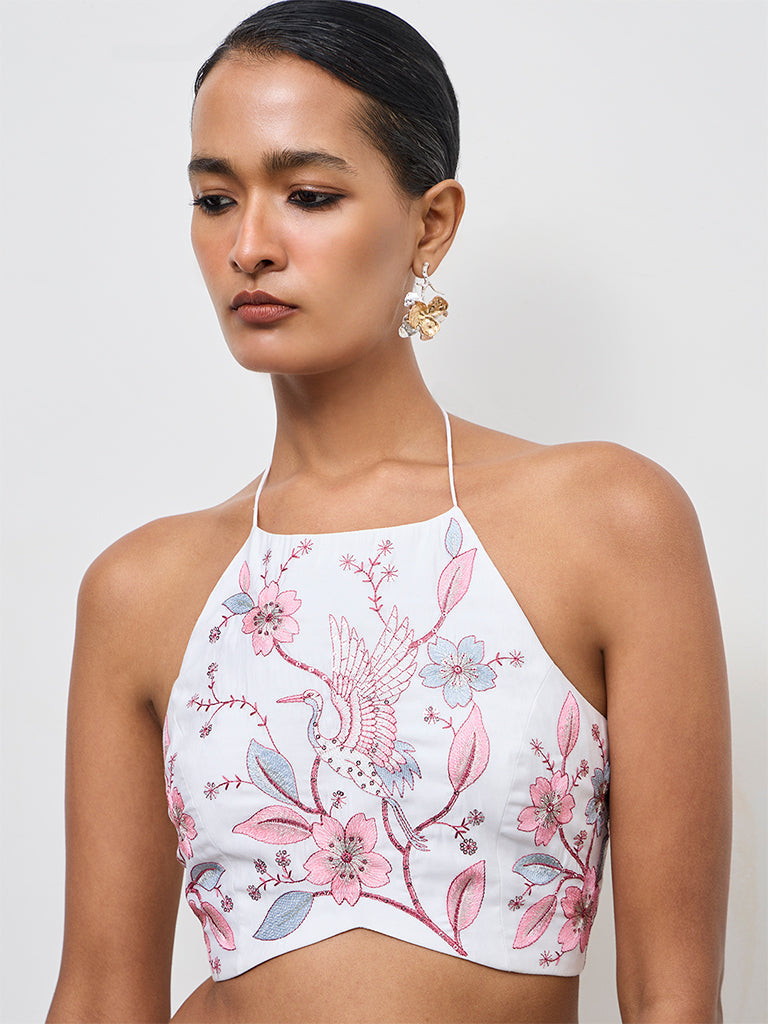Vark White Floral Embroidered Blouse