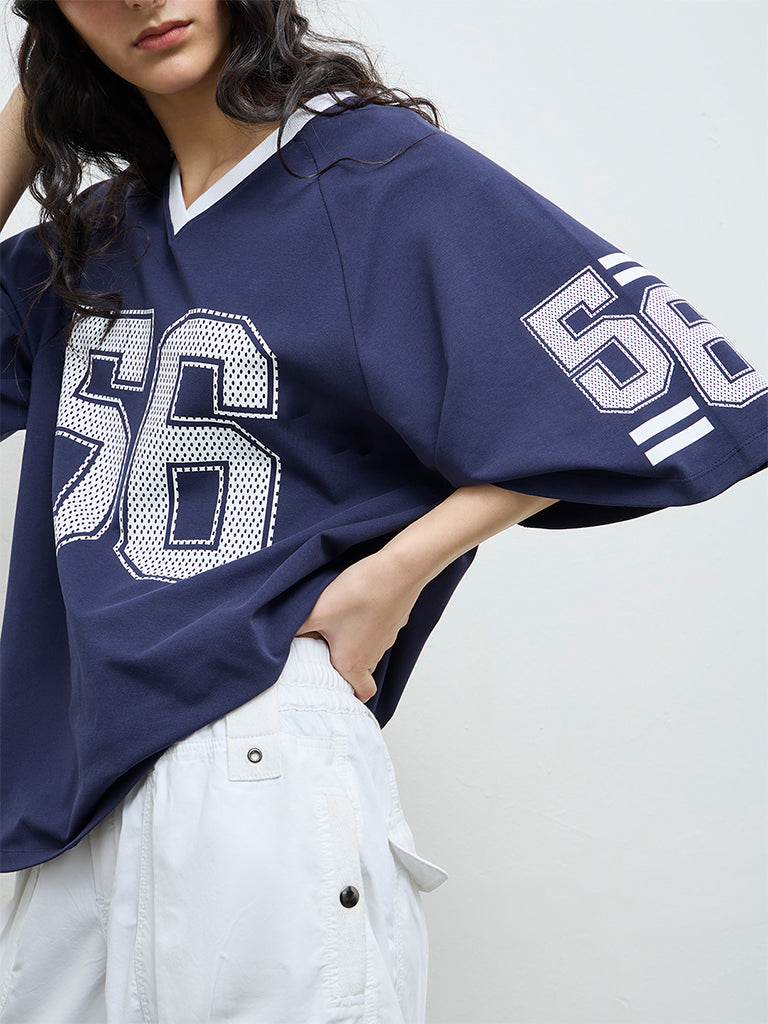 Nuon Navy Numerical Printed Cotton T-Shirt
