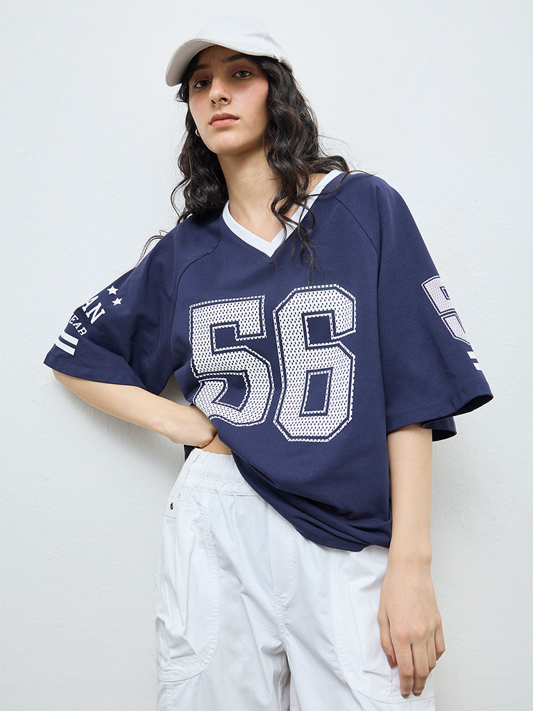 Nuon Navy Numerical Printed Cotton T-Shirt