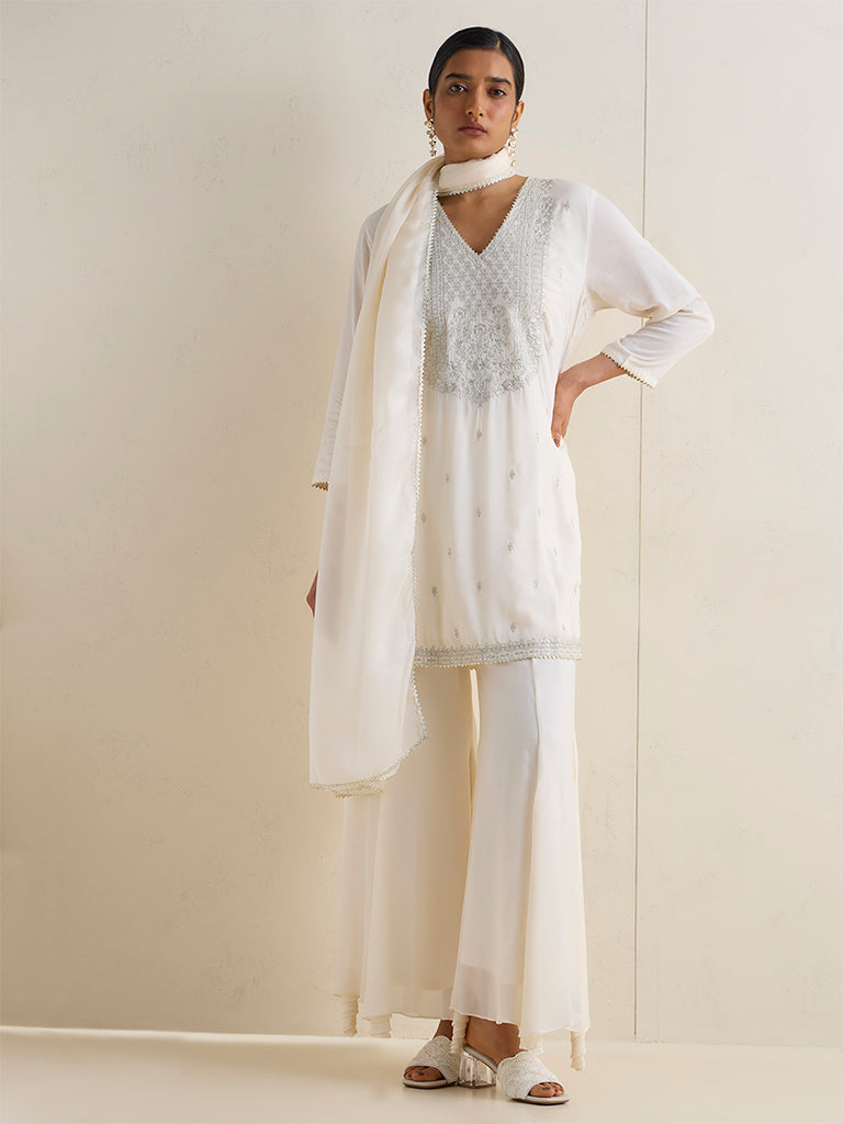 Vark Off-White Embroidered A-Line Ethnic Set