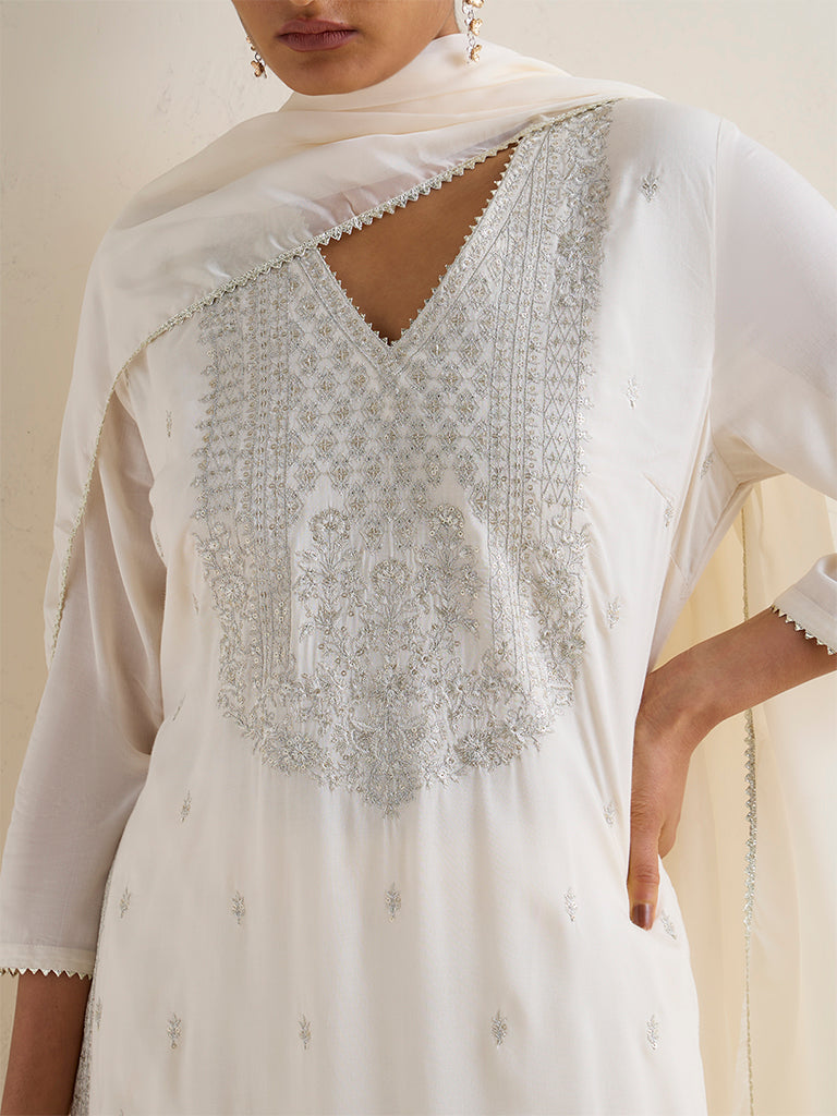 Vark Off-White Embroidered A-Line Ethnic Set