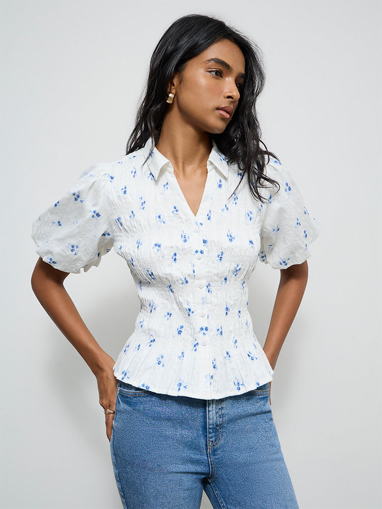 LOV White Floral Printed Smocked Cotton Blouse