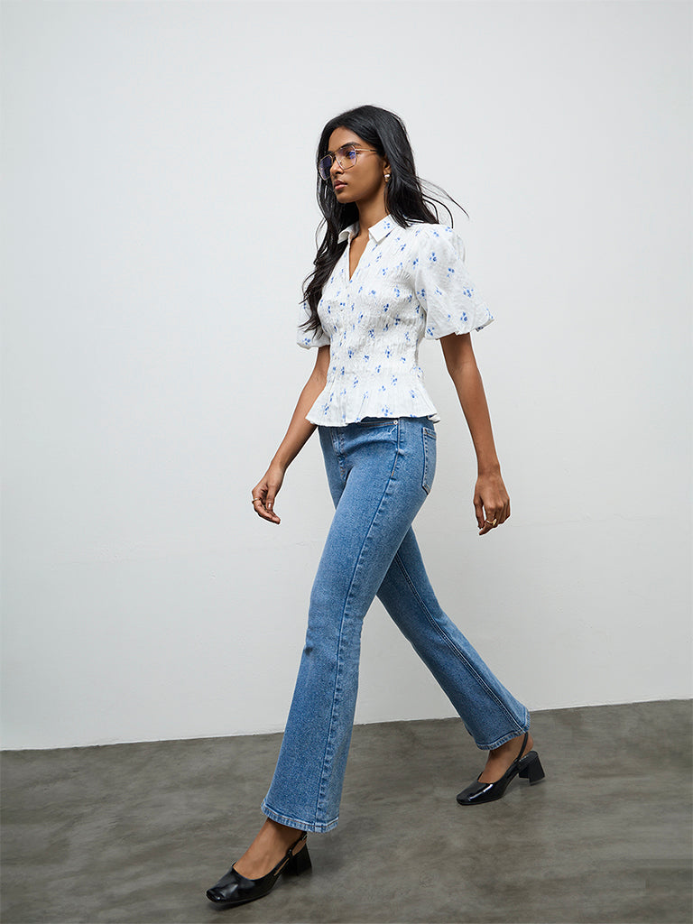 LOV White Floral Printed Smocked Cotton Blouse