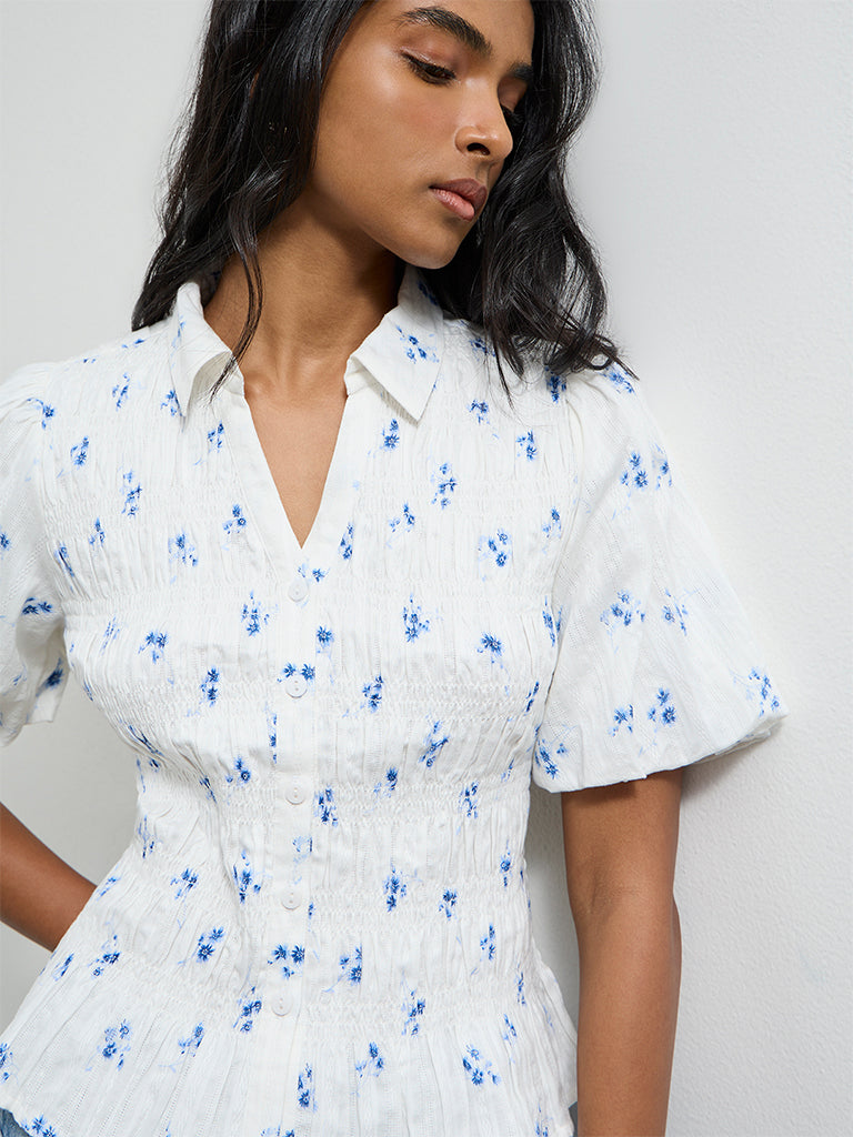 LOV White Floral Printed Smocked Cotton Blouse