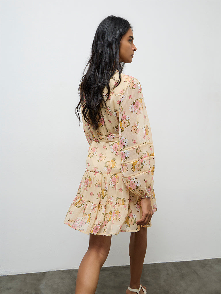 LOV Yellow Floral Printed A-Line Dress With Belt