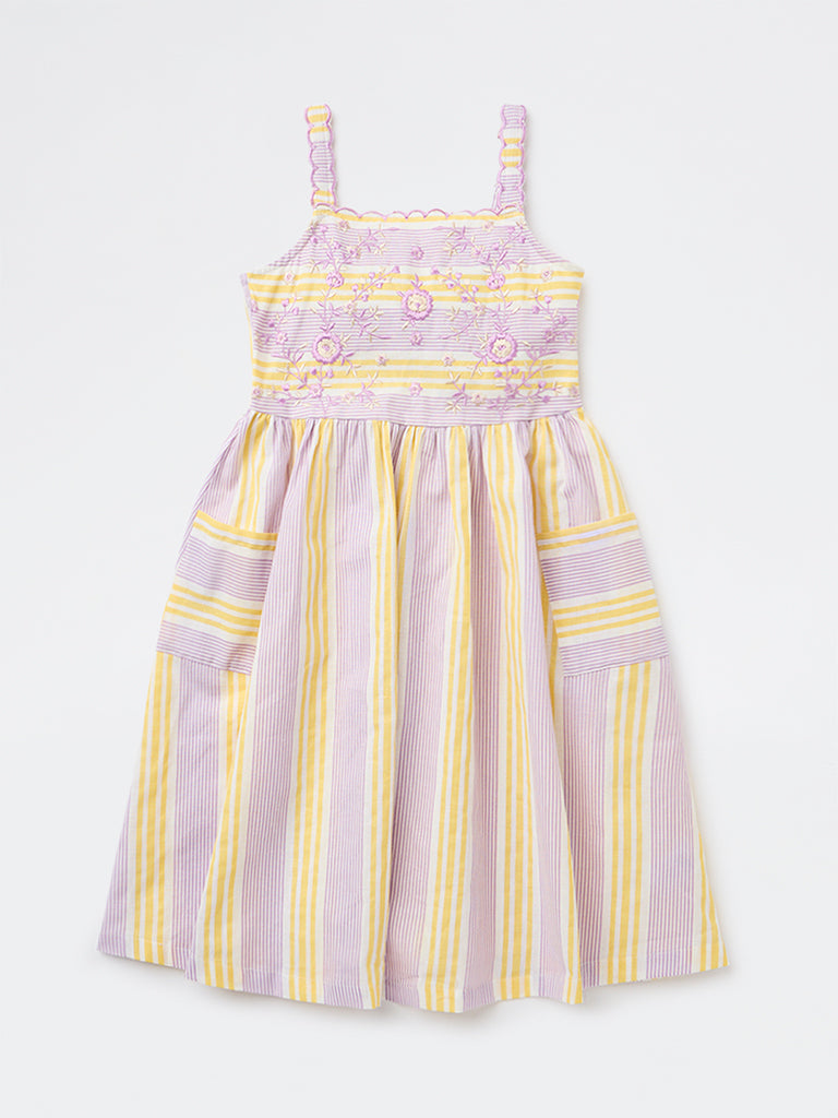 Utsa Kids Girls Multicolour Striped A-Line Cotton-Blend Dress - (8-14 yrs)