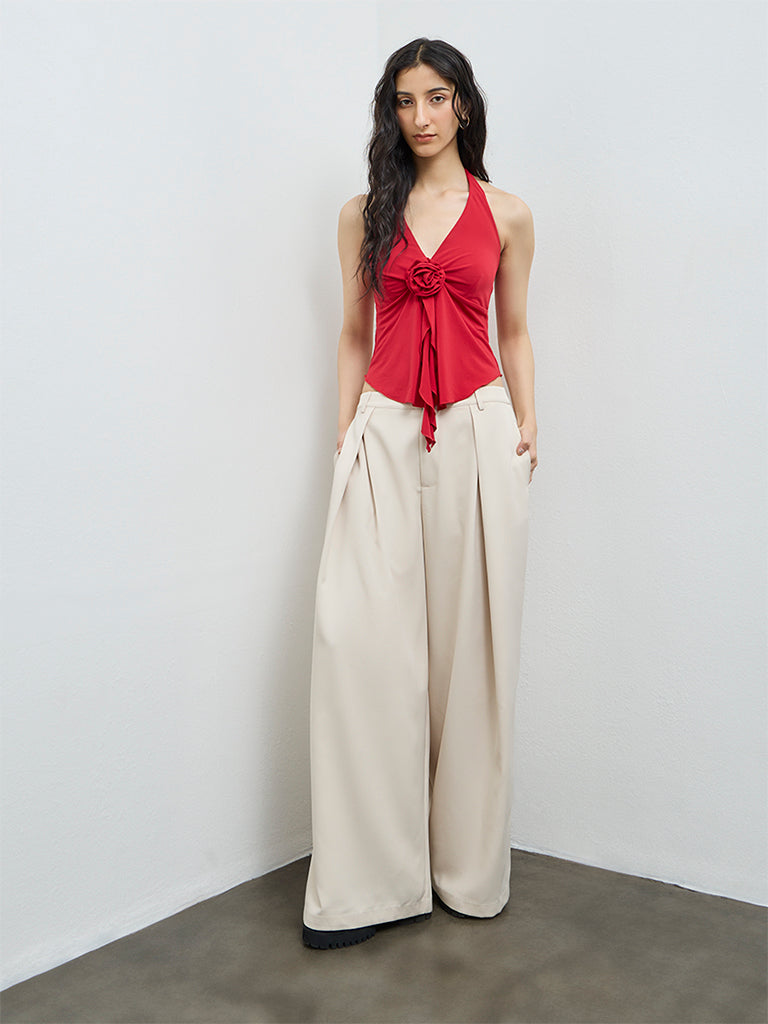 Nuon Beige Pleated High-Rise Trousers