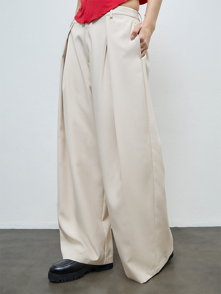Nuon Beige Pleated High-Rise Trousers