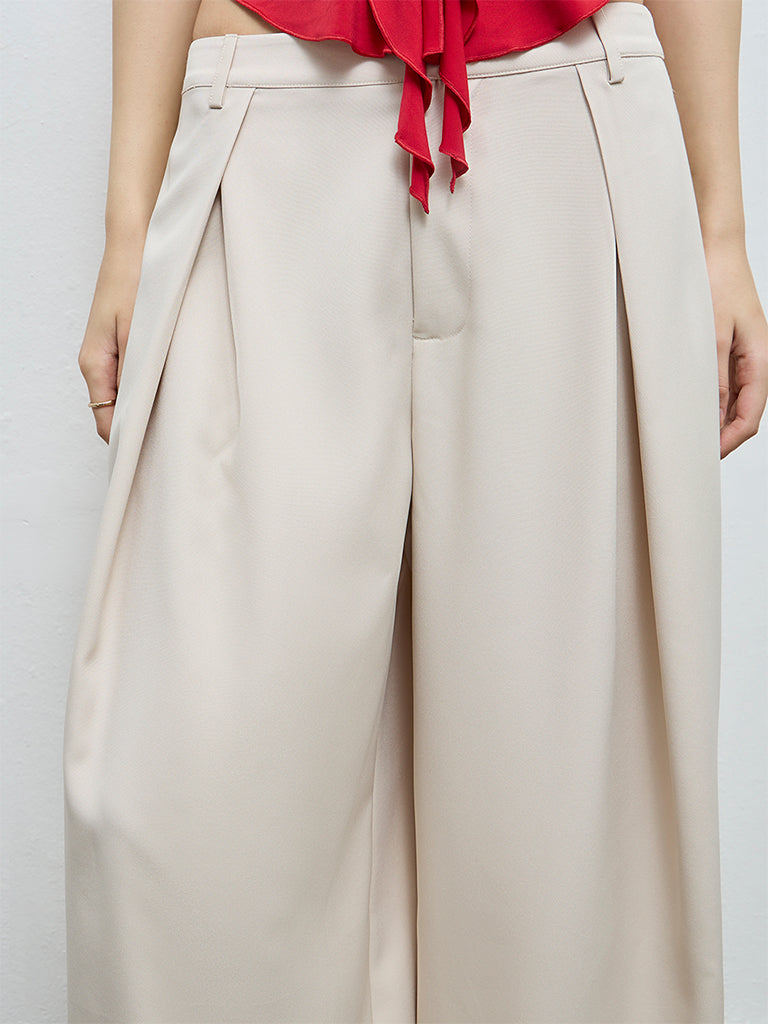 Nuon Beige Pleated High-Rise Trousers