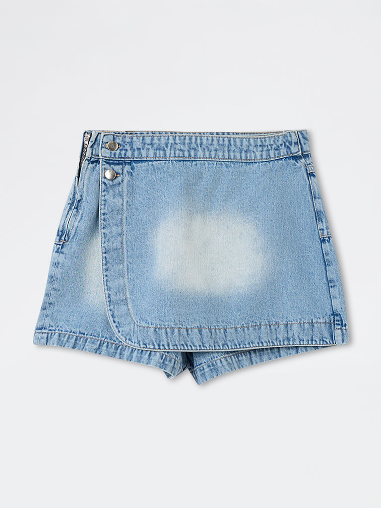 Nuon Light Blue Washed High-Rise Denim Skorts