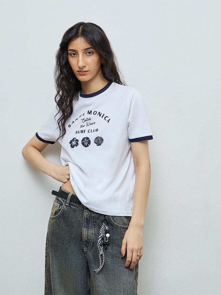 Nuon White Text Printed Cotton T-Shirt
