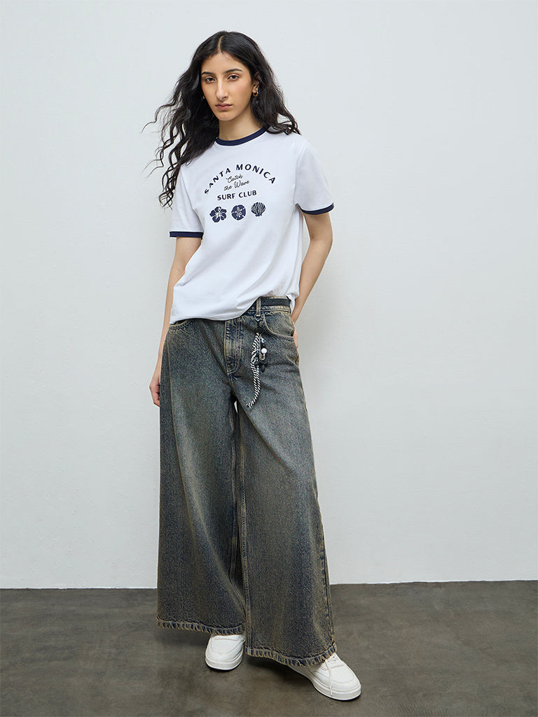 Nuon White Text Printed Cotton T-Shirt