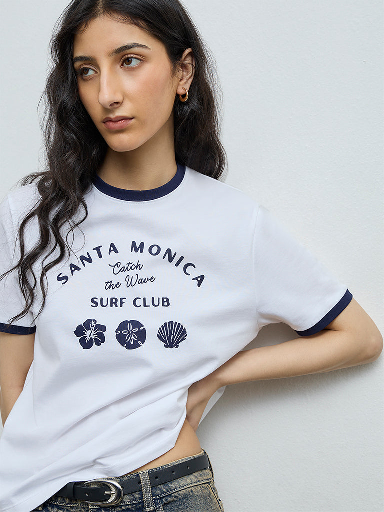 Nuon White Text Printed Cotton T-Shirt