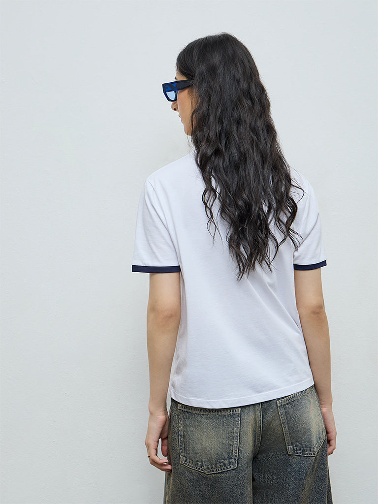 Nuon White Text Printed Cotton T-Shirt