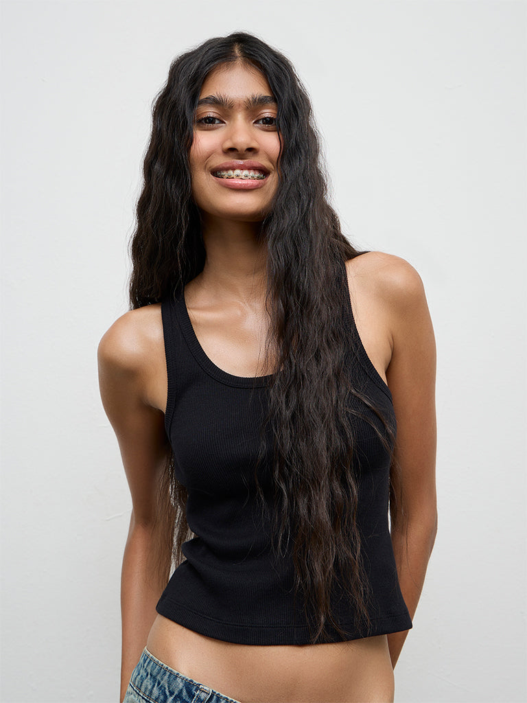 Nuon Black Ribbed Cotton-Blend Top
