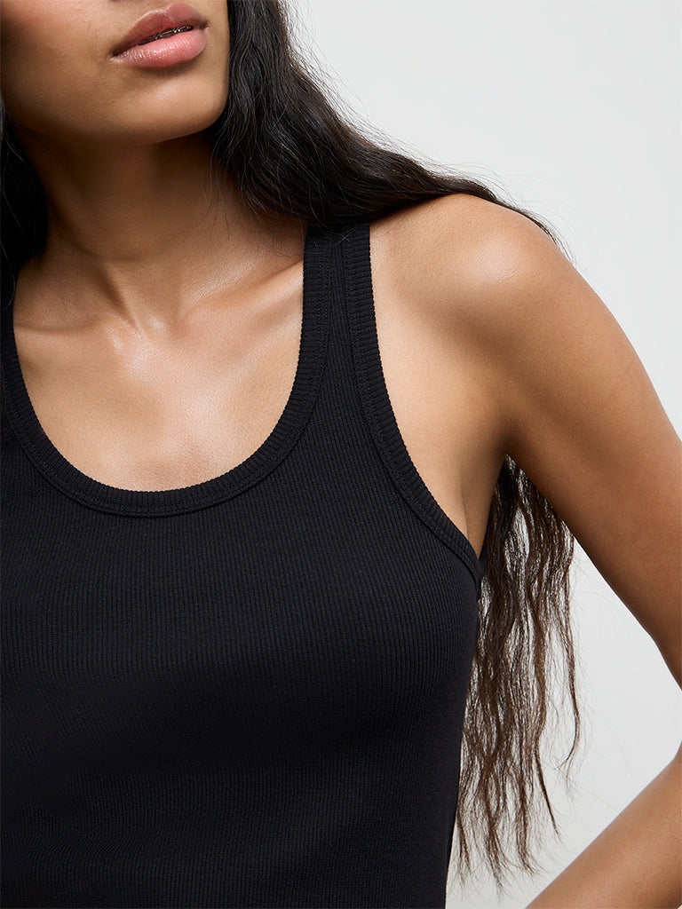 Nuon Black Ribbed Cotton-Blend Top
