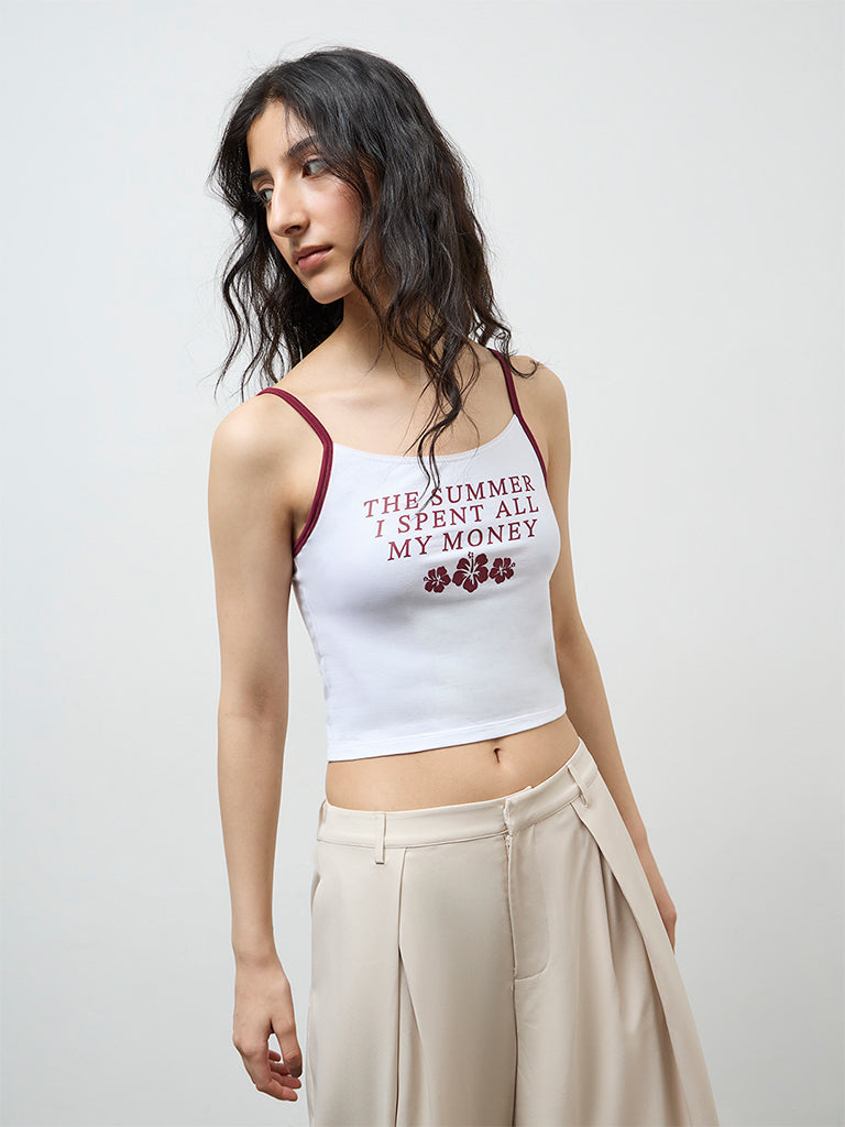 Nuon White Text-Printed Cotton-Blend Top