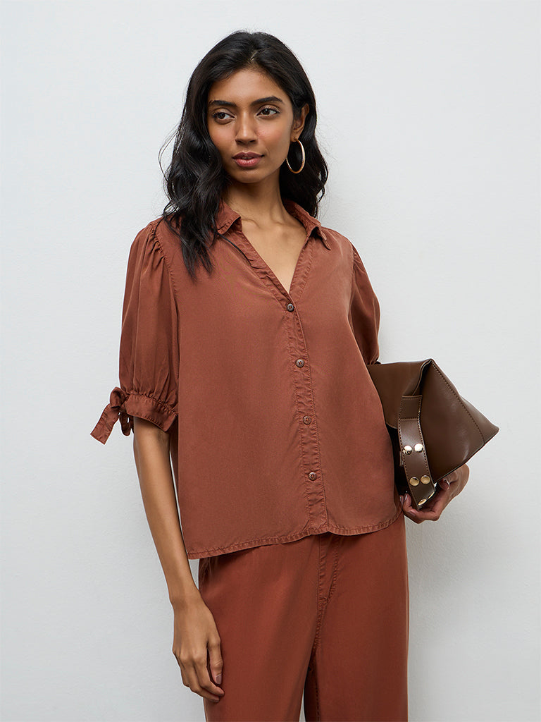 LOV Rust Solid Knot-Detailed Denim Shirt