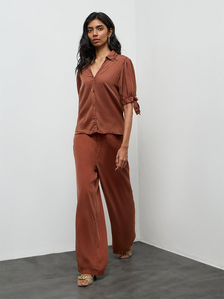 LOV Rust Solid Knot-Detailed Denim Shirt