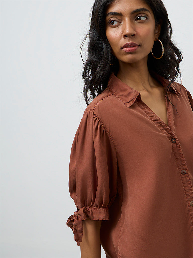LOV Rust Solid Knot-Detailed Denim Shirt