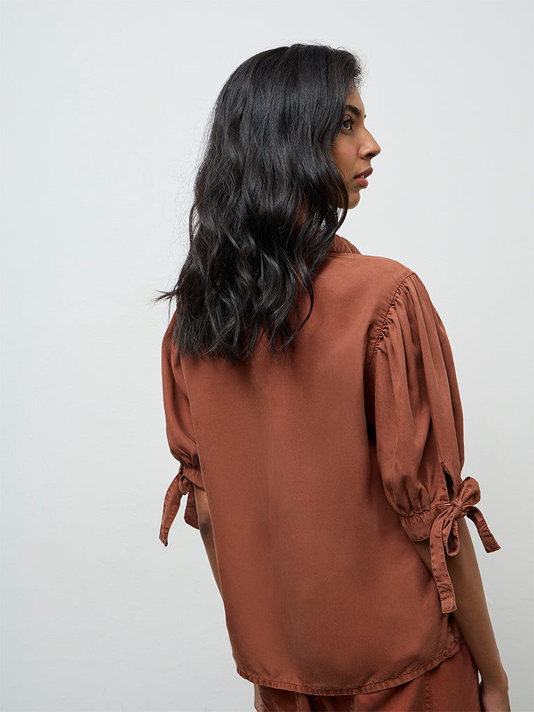 LOV Rust Solid Knot-Detailed Denim Shirt