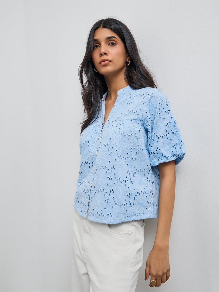 LOV Blue Schiffli Embroidered Cotton Blouse