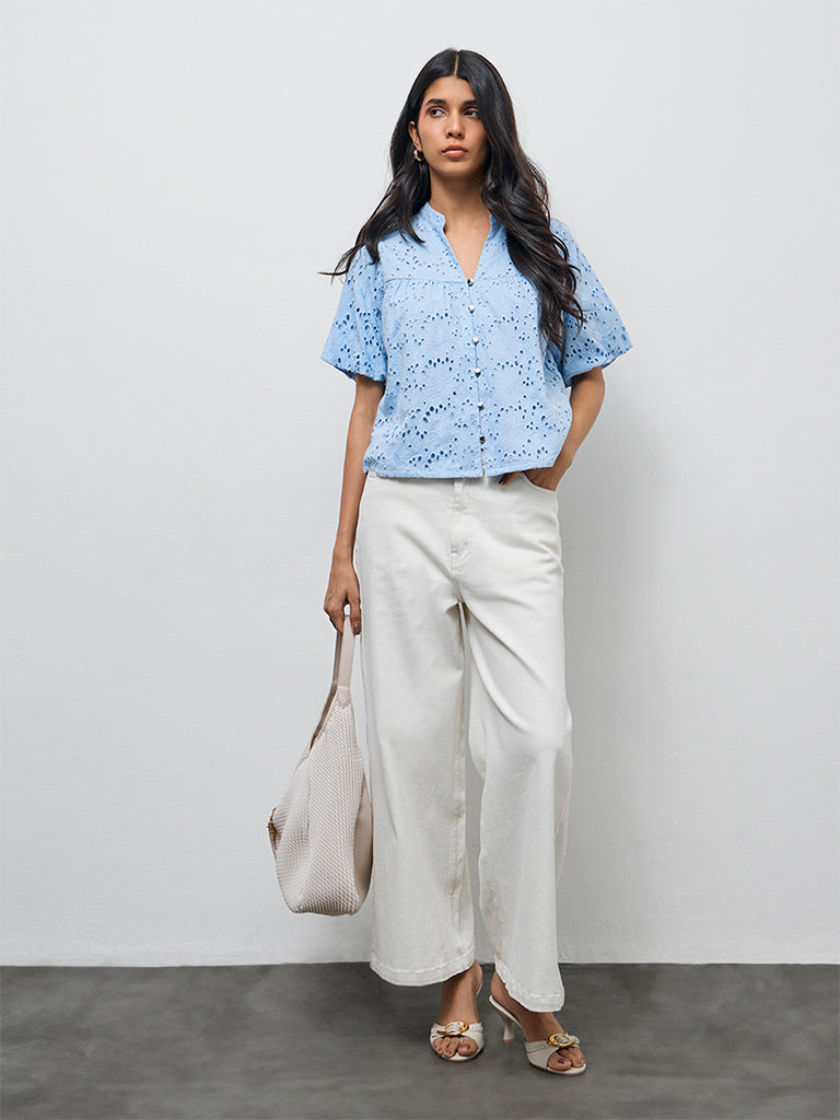 LOV Blue Schiffli Embroidered Cotton Blouse