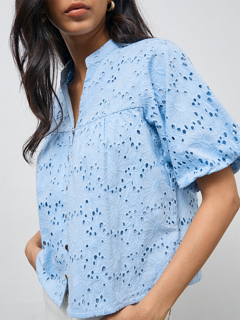 LOV Blue Schiffli Embroidered Cotton Blouse