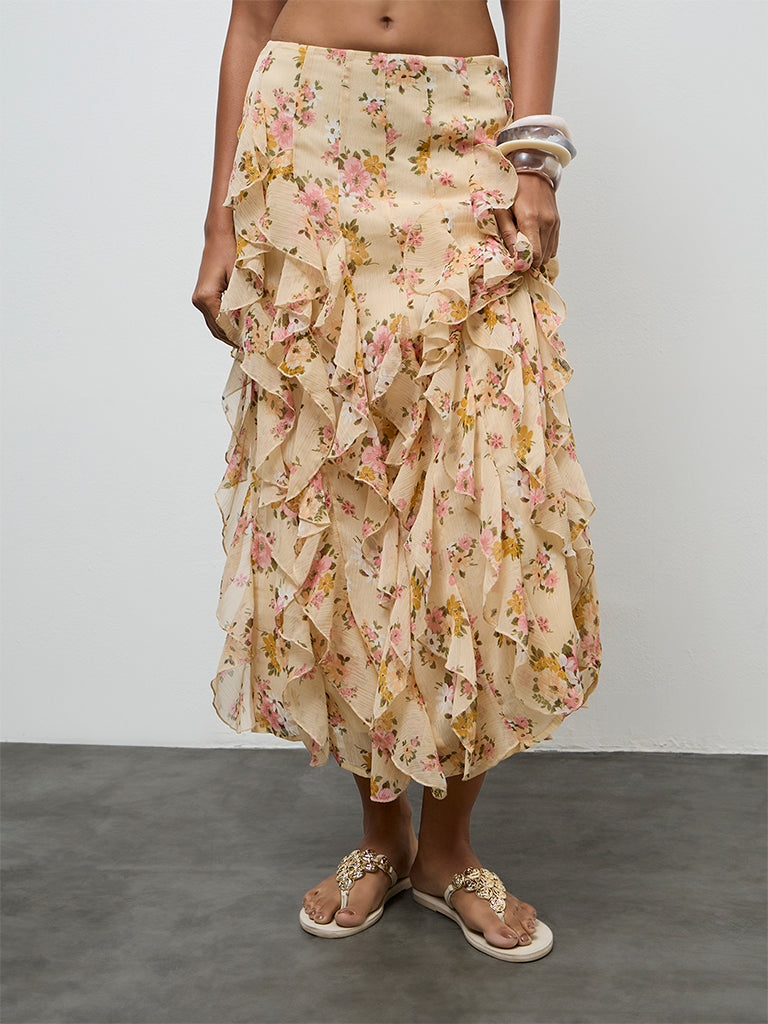 LOV Yellow Floral Printed Ruffled High Rise Skirt