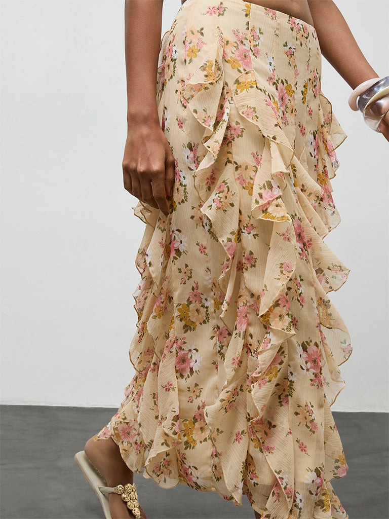 LOV Yellow Floral Printed Ruffled High Rise Skirt