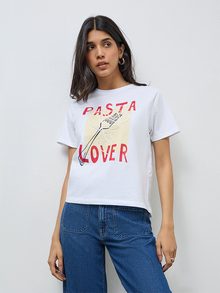 LOV White Graphic Printed Cotton T-Shirt
