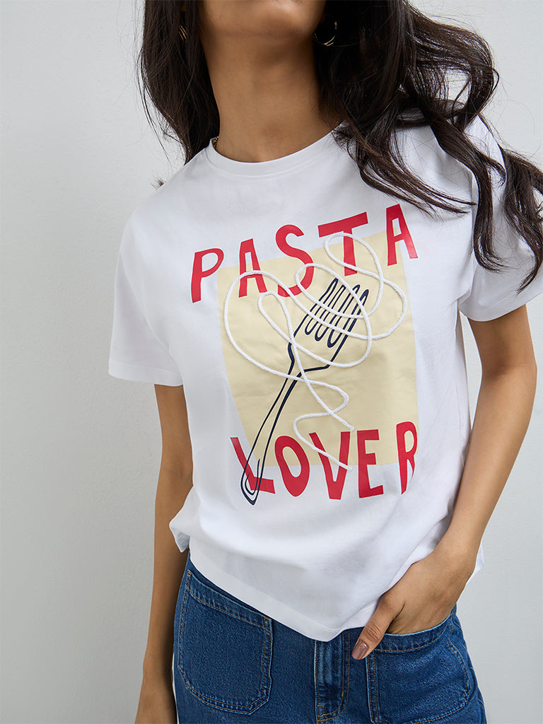 LOV White Graphic Printed Cotton T-Shirt