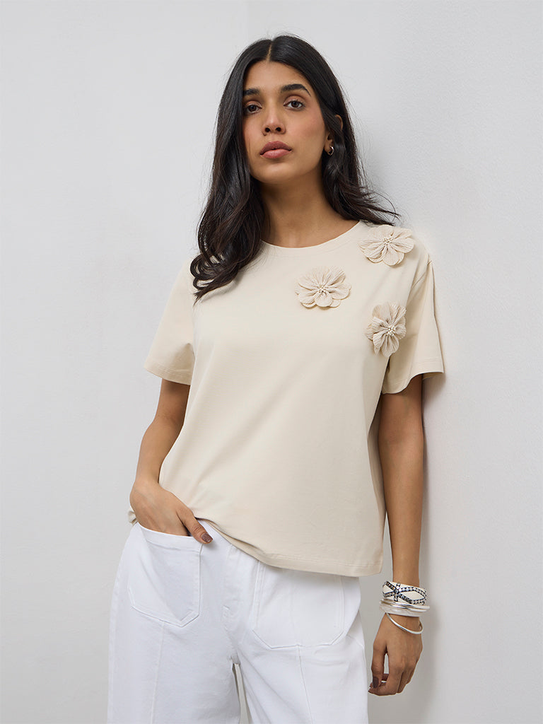 LOV Beige Floral Applique Cotton-Blend T-Shirt