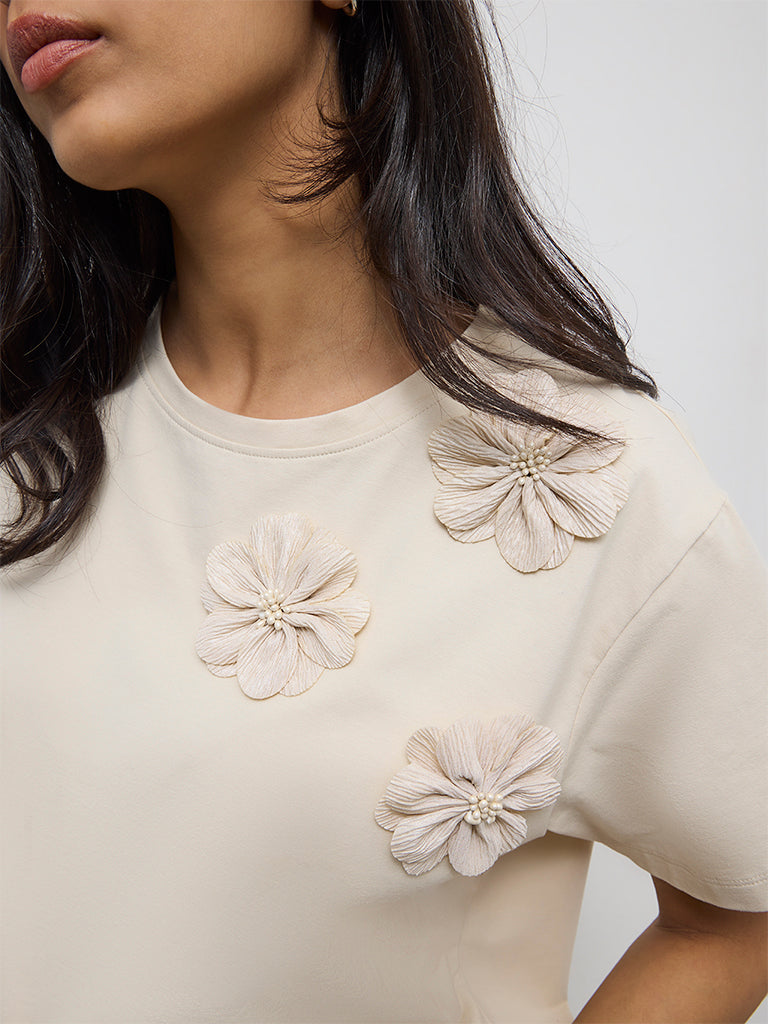 LOV Beige Floral Applique Cotton-Blend T-Shirt
