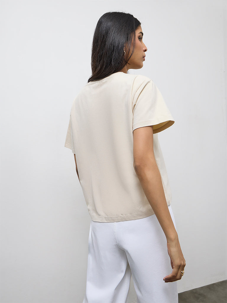 LOV Beige Floral Applique Cotton-Blend T-Shirt