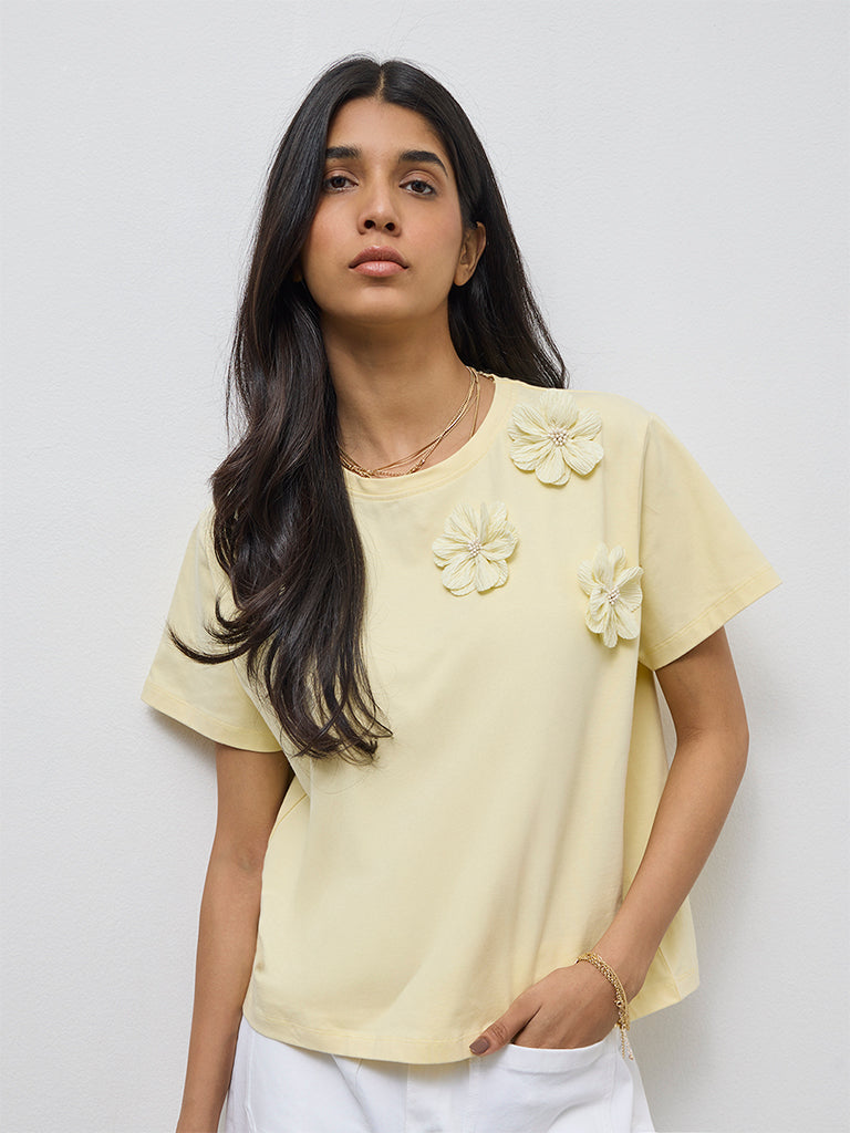 LOV Yellow Floral Applique Cotton-Blend T-Shirt