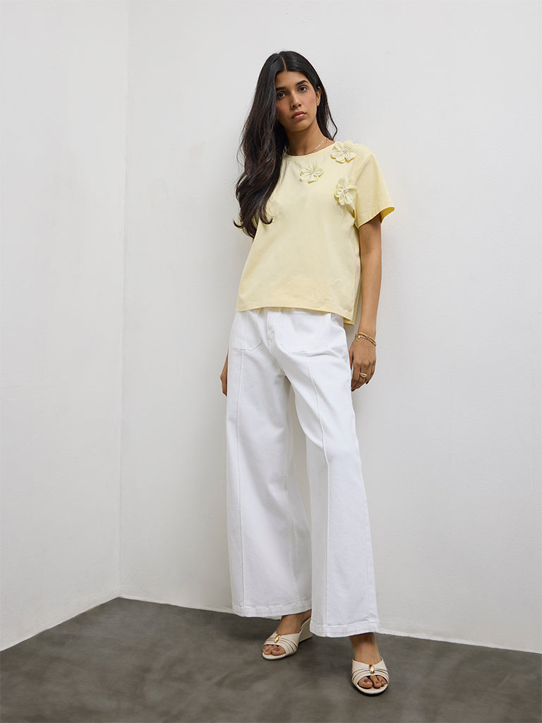 LOV Yellow Floral Applique Cotton-Blend T-Shirt
