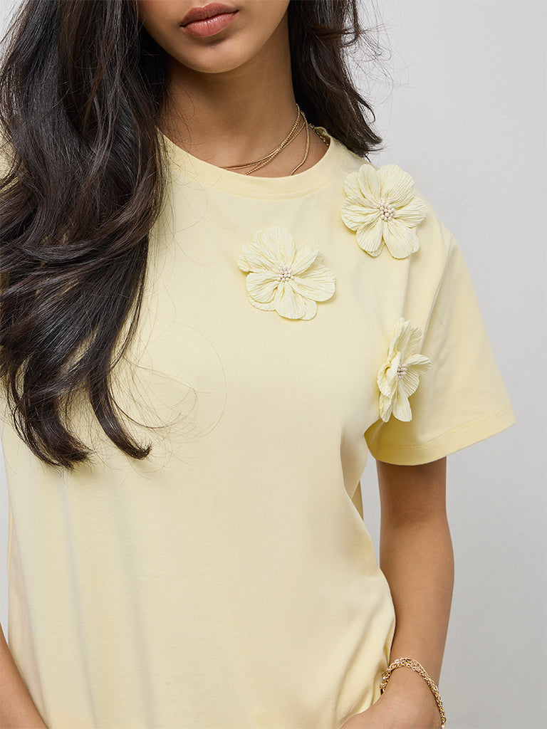 LOV Yellow Floral Applique Cotton-Blend T-Shirt
