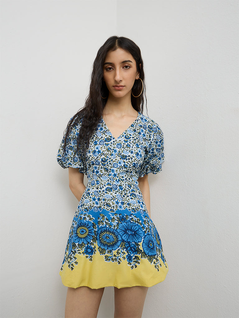 Bombay Paisley Blue Floral Printed Cotton A-Line Dress